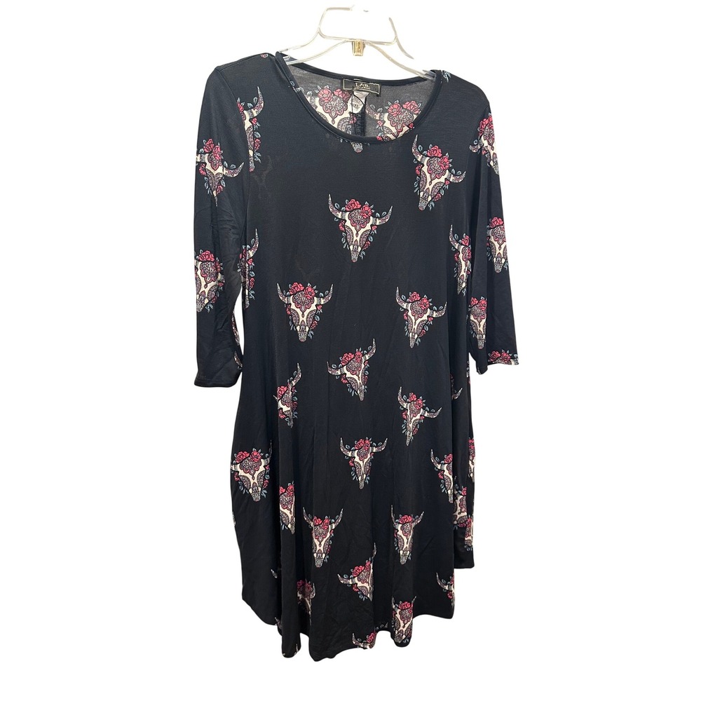 L&B Lucla & Blessed Black Skull Rose Print‎ 3/4 Sleeve Dress Size Small